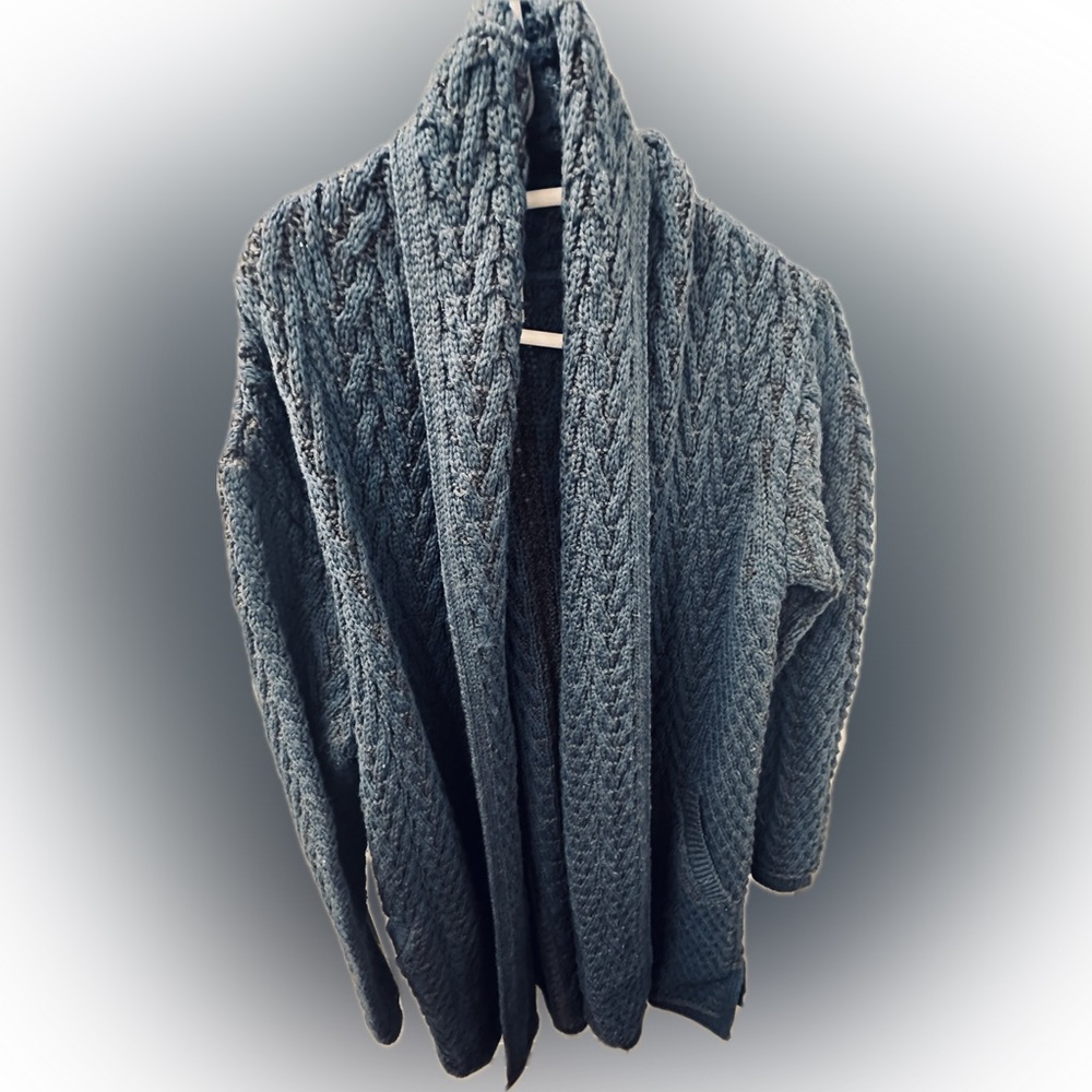 Aran Crafts Classic Blue Merino Wool Knit Shawl Collar Cardigan